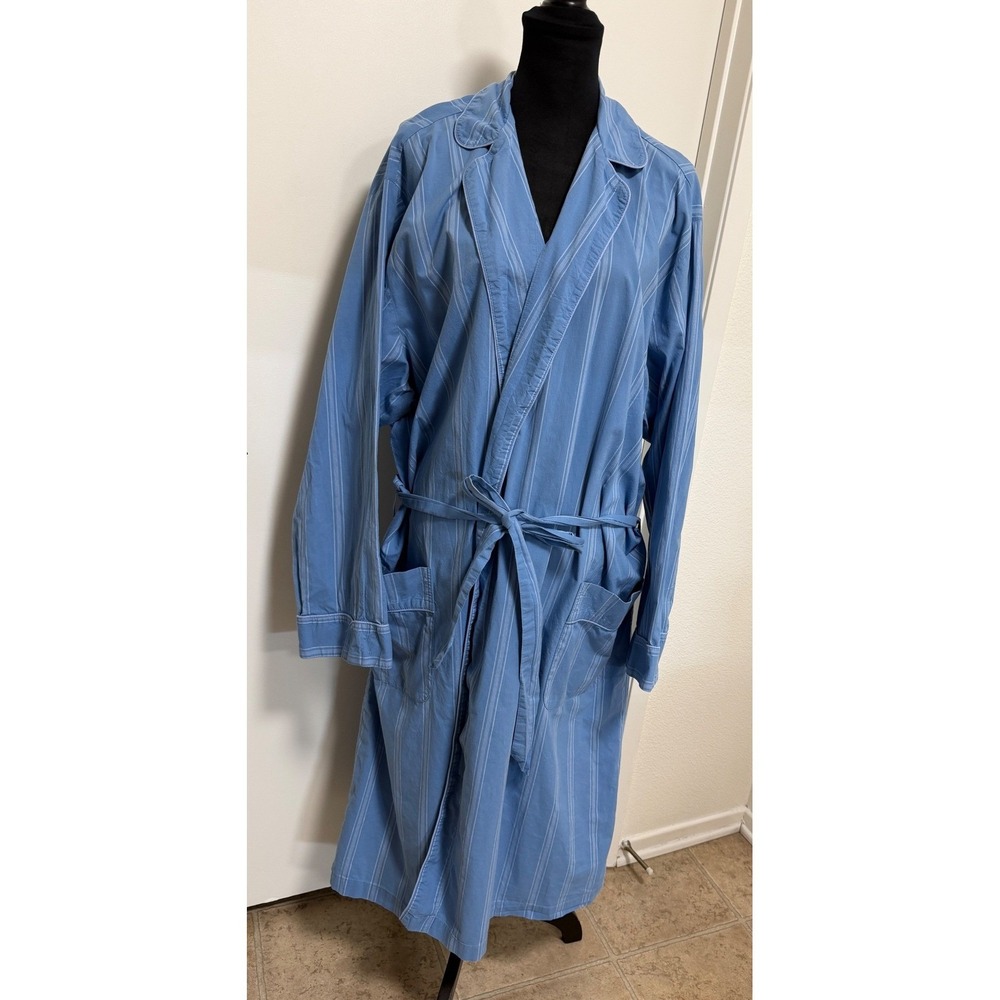 Lands End Mens Blue White Striped Cotton Robe Long Sleeve Belted Pockets XXL
